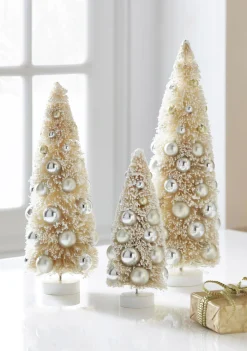 Best The Jolly Christmas Shop Raz 15" Ivory Snowy Bottle Brush Trees With Ornaments Christmas Decoration Set Of 3 4319029