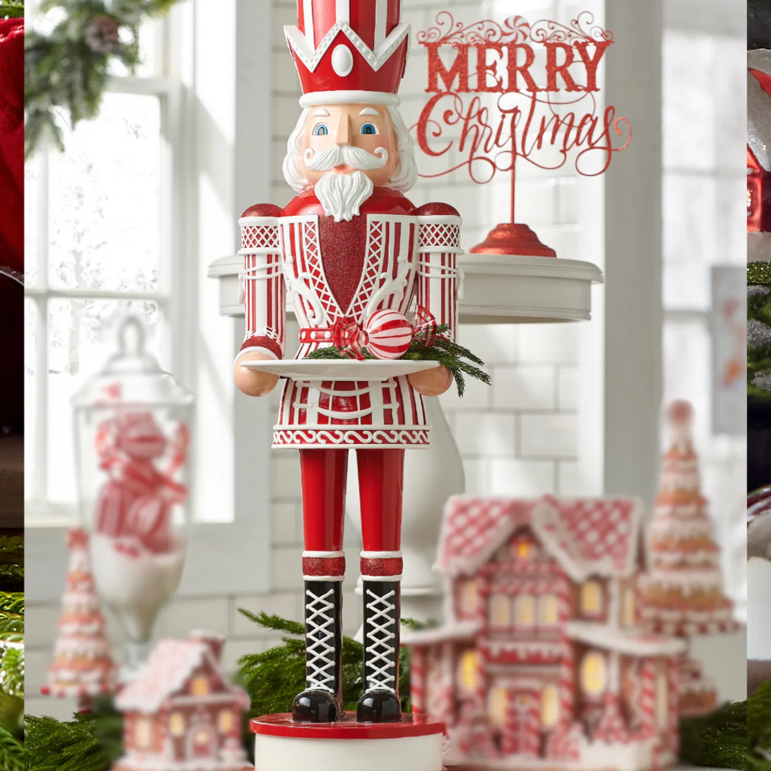 The Jolly Christmas Shop Raz 36" Large Red And White Christmas Peppermint Nutcracker With Serving Tray 4401602