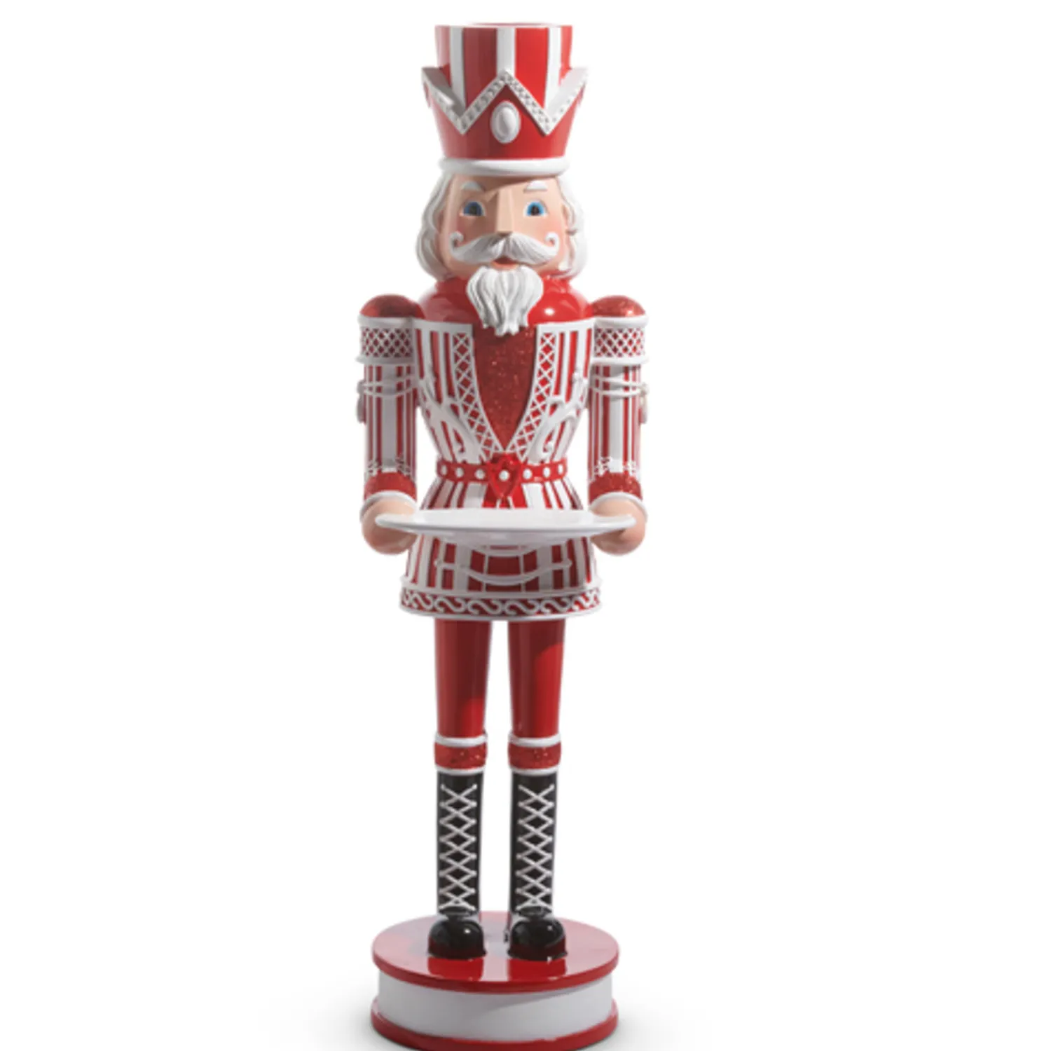 The Jolly Christmas Shop Raz 36" Large Red And White Christmas Peppermint Nutcracker With Serving Tray 4401602