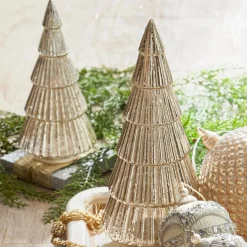 Outlet The Jolly Christmas Shop Raz 11.5" Lighted Champagne Ribbed Glass Trees Christmas Decoration 4324551