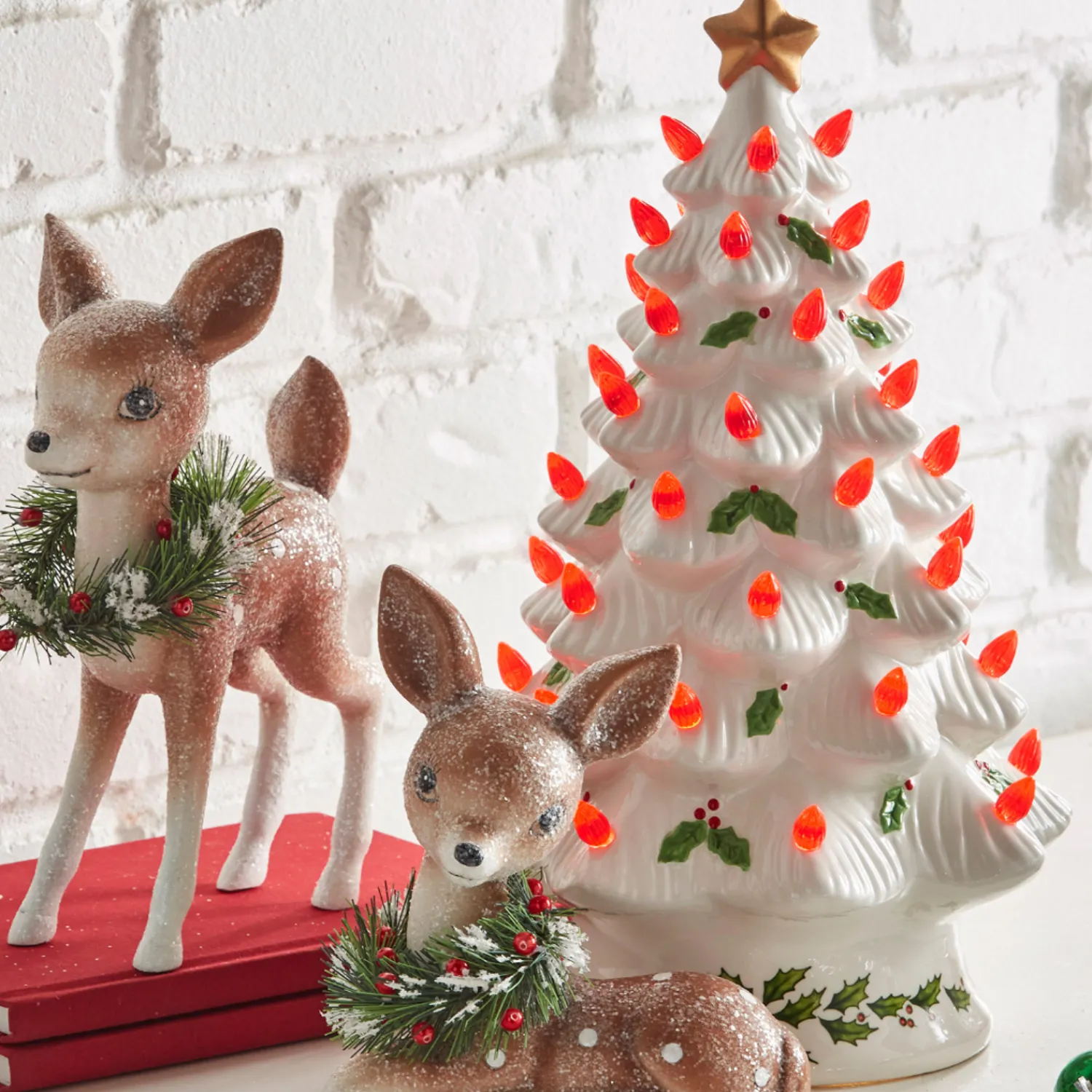 The Jolly Christmas Shop Raz 13" Lighted Vintage White Ceramic Christmas Tree With Holly And Red Bulbs 4419049