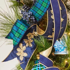 Discount The Jolly Christmas Shop Raz 4" Navy Blue And Gold Holly Wired Christmas Ribbon R4427720