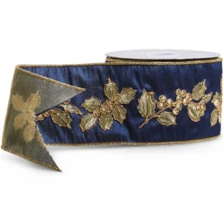 Discount The Jolly Christmas Shop Raz 4" Navy Blue And Gold Holly Wired Christmas Ribbon R4427720