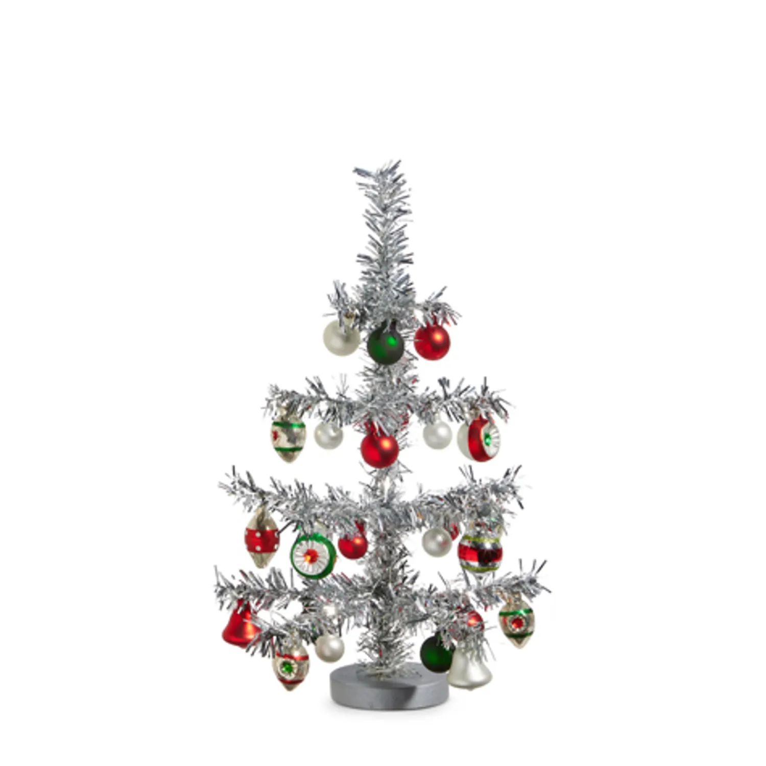 New The Jolly Christmas Shop Raz 14" Or 19.5" Silver Vintage Tinsel Christmas Tree With Ornaments Figure