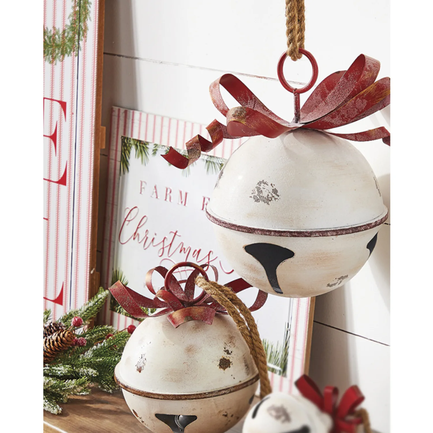 New The Jolly Christmas Shop Raz 11" Or 13.75" White Glittered Jingle Bell With Red Bow Christmas Ornament