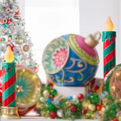 Hot The Jolly Christmas Shop Raz 29" Or 38"Large Red And Green Striped Lighted Candle Christmas Decoration