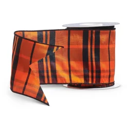 Best The Jolly Christmas Shop Raz 4" Orange And Black Check Plaid Wired Halloween Ribbon R4471808
