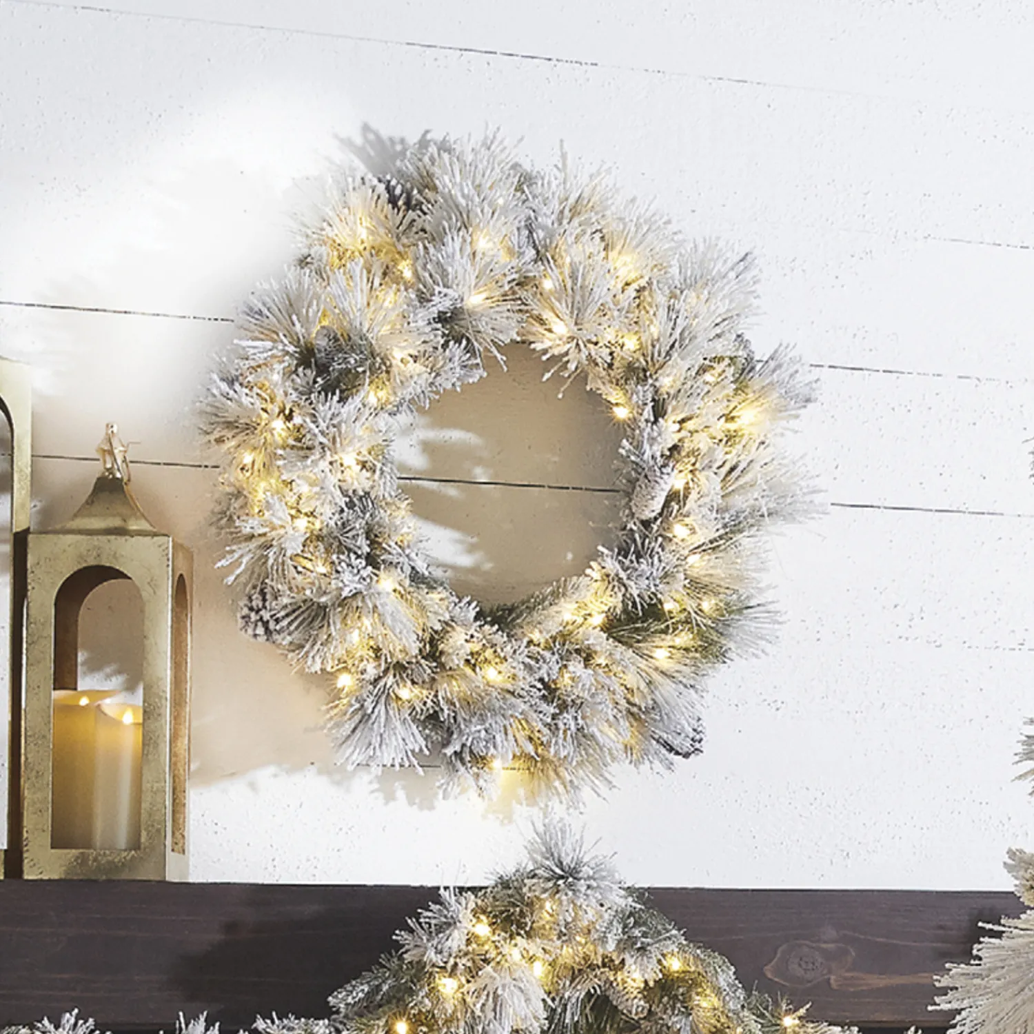 The Jolly Christmas Shop Raz 30" Pre-lit Flocked Pine Christmas Wreath With Warm White Lights W4052019