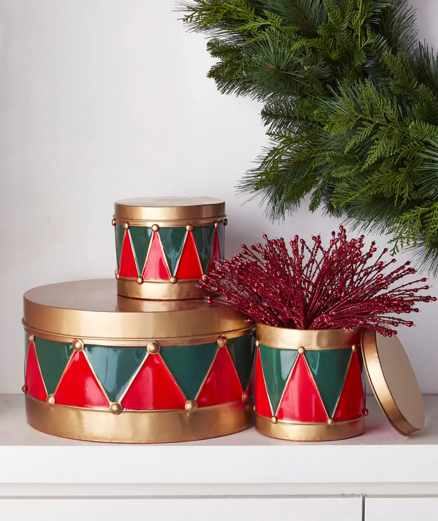 Best The Jolly Christmas Shop Raz 13.5" Red And Green Drum Christmas Stacked Canisters Set Set Of 3 4425924