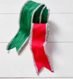 New The Jolly Christmas Shop Raz 2.5" Red Or Green Felt With Silver Tinsel Trim Wired Christmas Ribbon