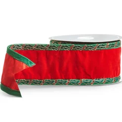 Online The Jolly Christmas Shop Raz 4" Red Velvet With Holly Trim Wired Christmas Ribbon R4471765