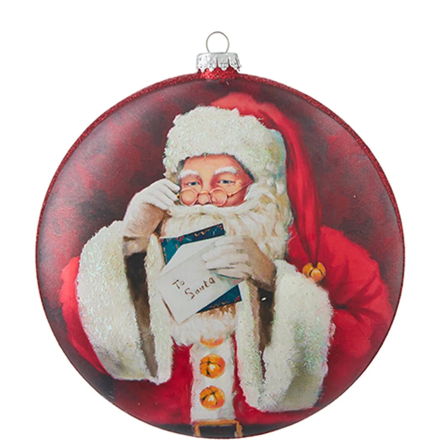 The Jolly Christmas Shop Raz 6" Santa Reading Letter Disc Glass Christmas Ornament 4252887