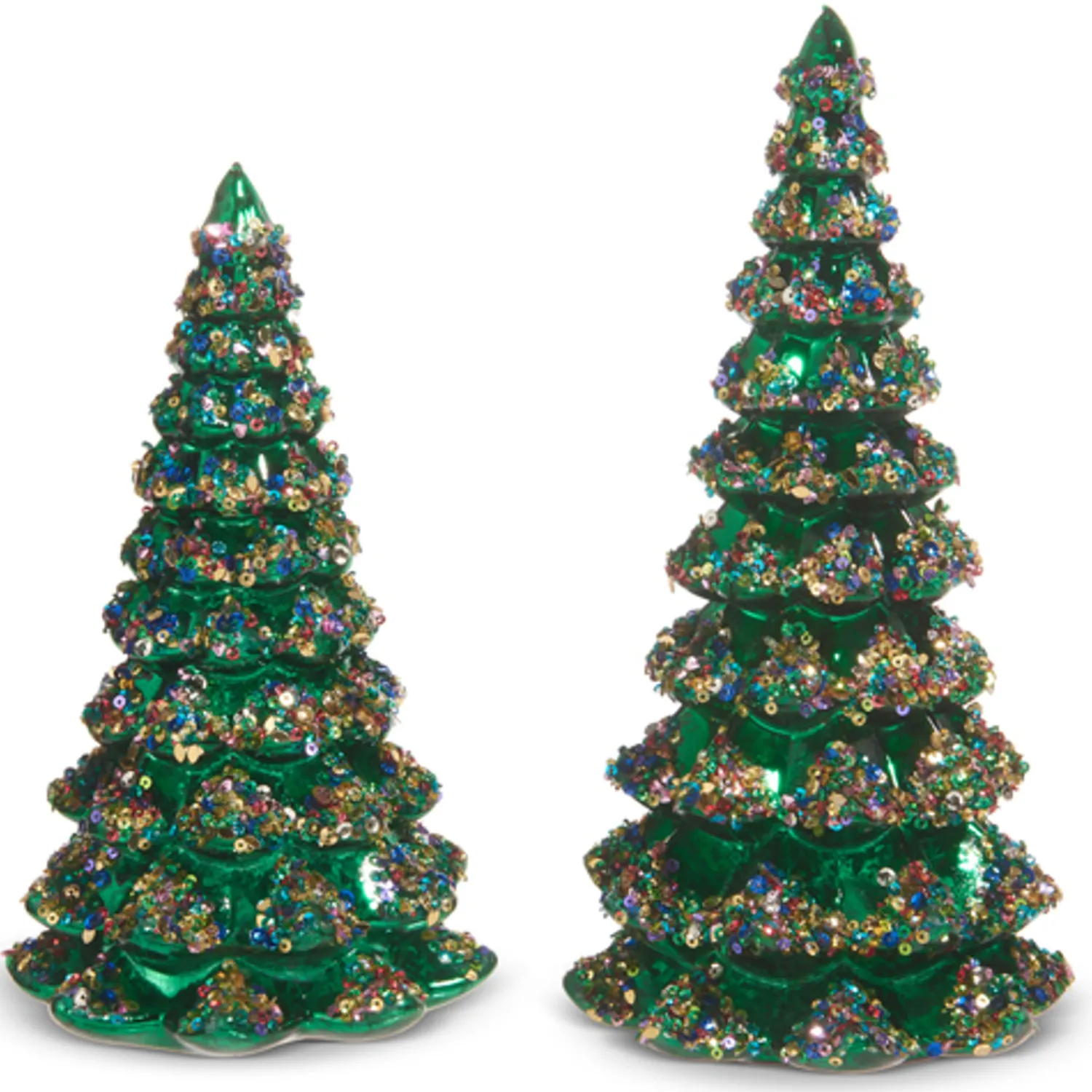 Hot The Jolly Christmas Shop Raz 9.75" Sequined Green Tree Glass Christmas Figure Set Of 2 4424655