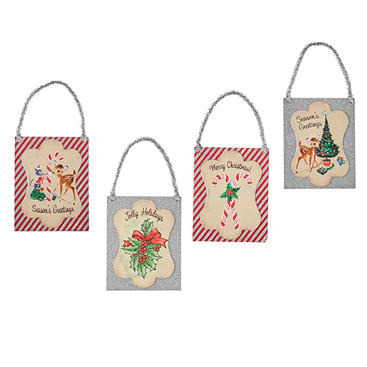 Clearance The Jolly Christmas Shop Raz 9.5" Set Of 4 Vintage Inspired Postcard With Tinsel Christmas Ornament 4216149