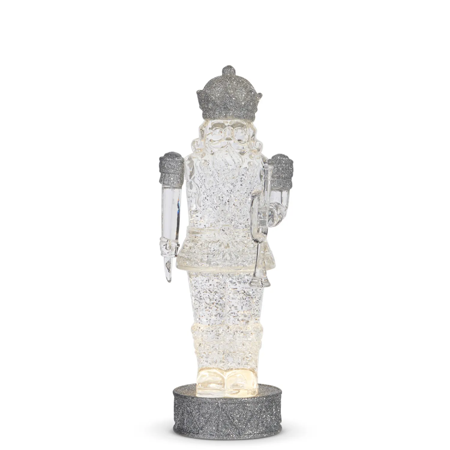 Clearance The Jolly Christmas Shop Raz 12.5" Silver Lighted Nutcracker With Swirling Glitter Water Globe 4315511