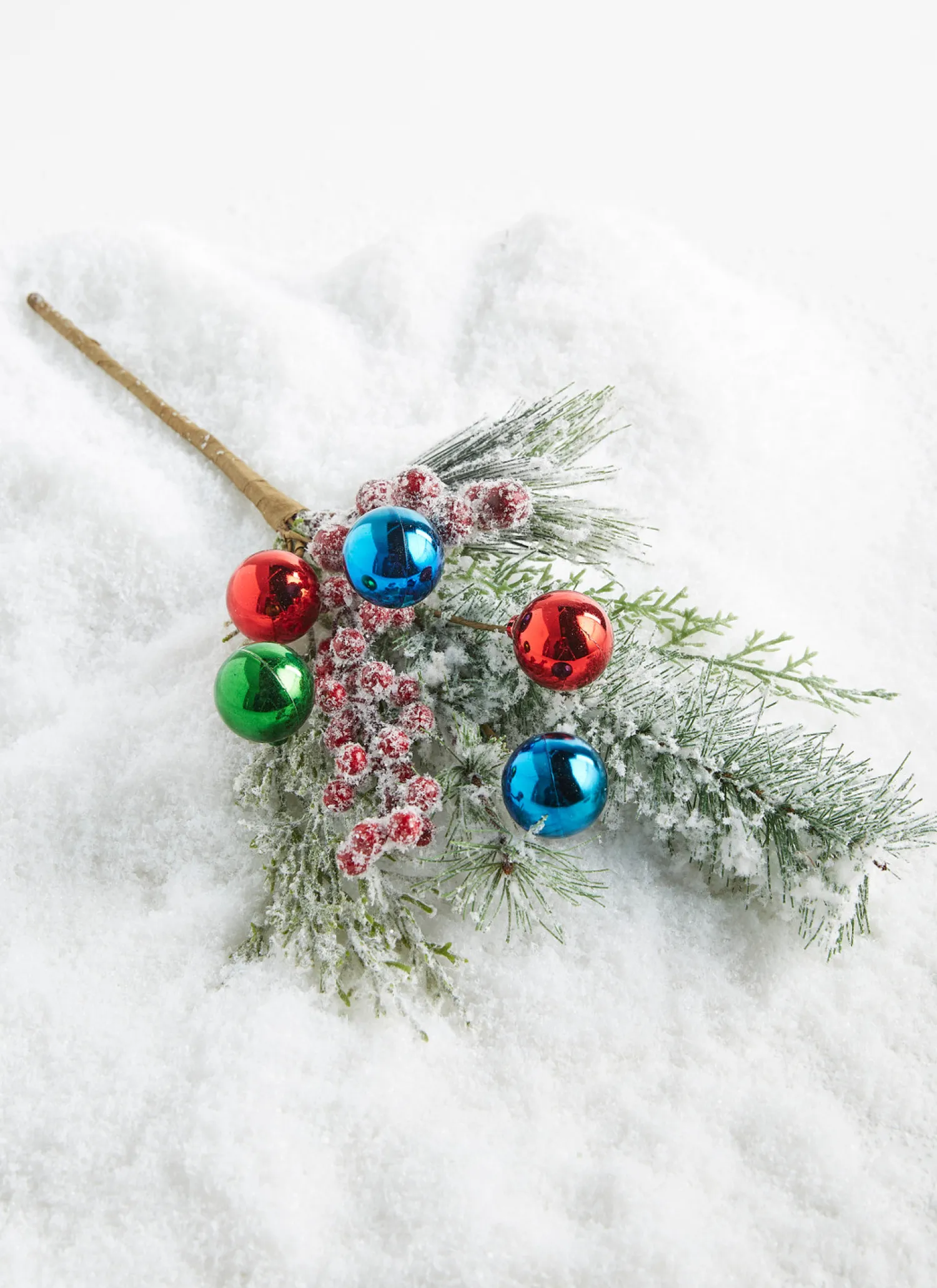 New The Jolly Christmas Shop Raz 16" Snowy Pine And Multicolor Ball Ornament Christmas Tree Pick F4306722