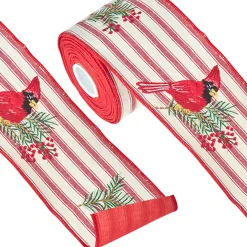 Online The Jolly Christmas Shop Raz 4" Ticking Stripe Cardinal Embroidered Wired Christmas Ribbon R4227725
