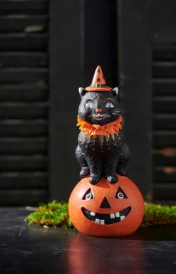 New The Jolly Christmas Shop Raz 9.5" Vintage Inspired Cat On Pumpkin Halloween Figure Decoration 4416206