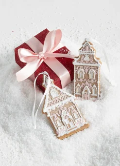 New The Jolly Christmas Shop Raz 4" White And Pink Gingerbread Church Christmas Ornament Set Of 2 4310202
