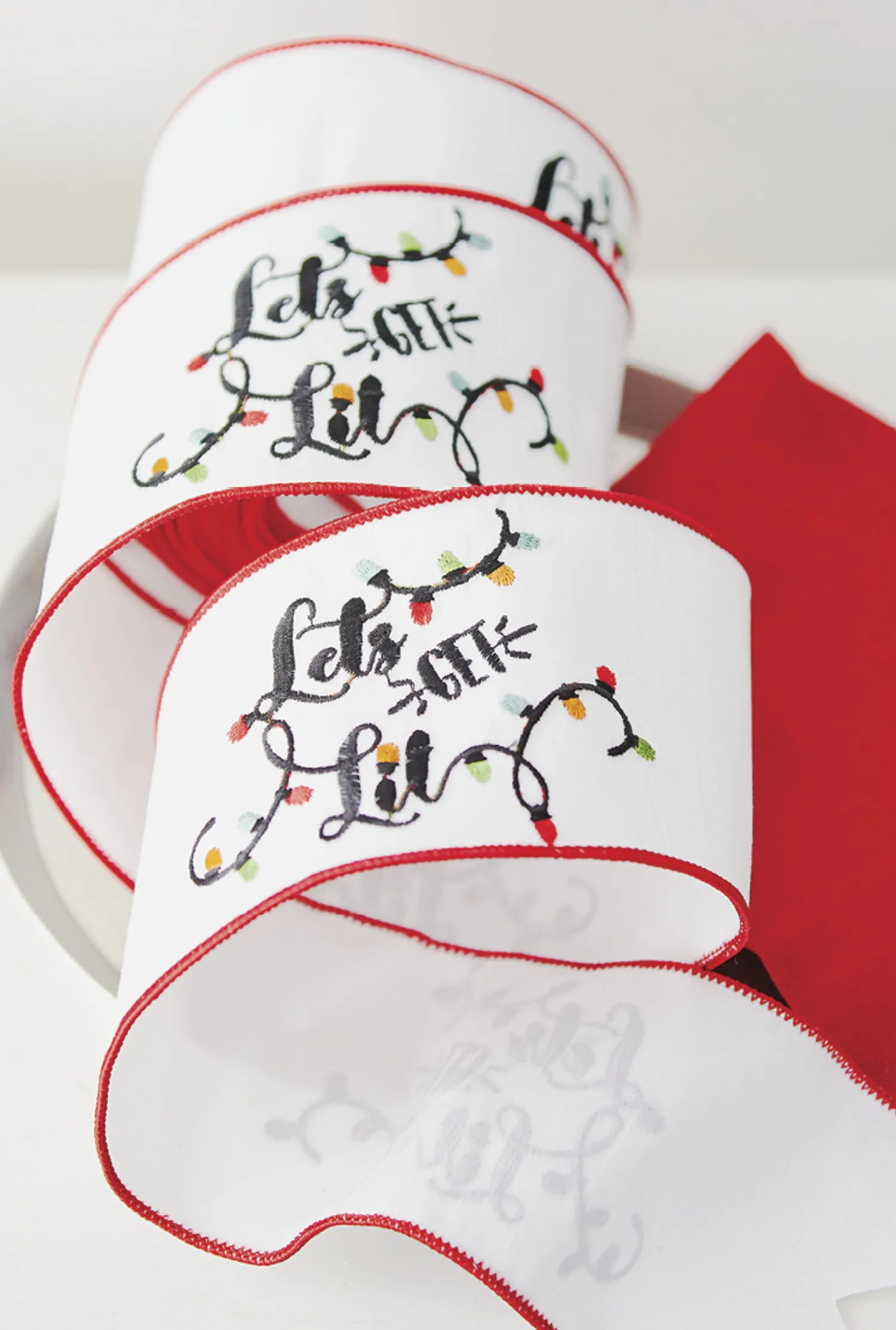 Hot The Jolly Christmas Shop Raz 4" White Lets Get Lit Embroidered Wired Christmas Ribbon R4171862