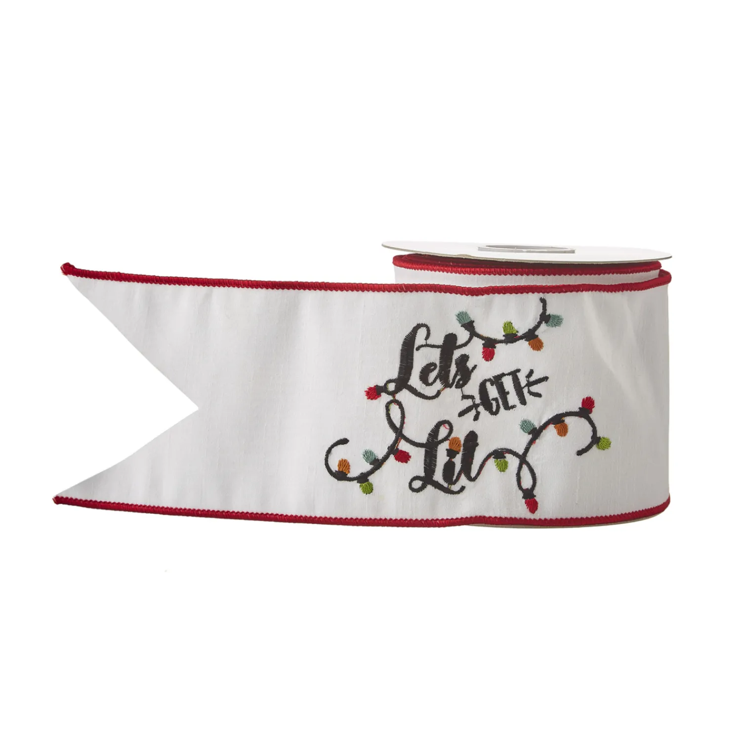 Hot The Jolly Christmas Shop Raz 4" White Lets Get Lit Embroidered Wired Christmas Ribbon R4171862