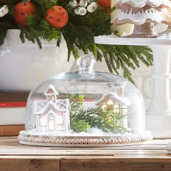 Online The Jolly Christmas Shop Raz 11.75" Whitewash Beaded Wooden Tray With Cloche 4424402