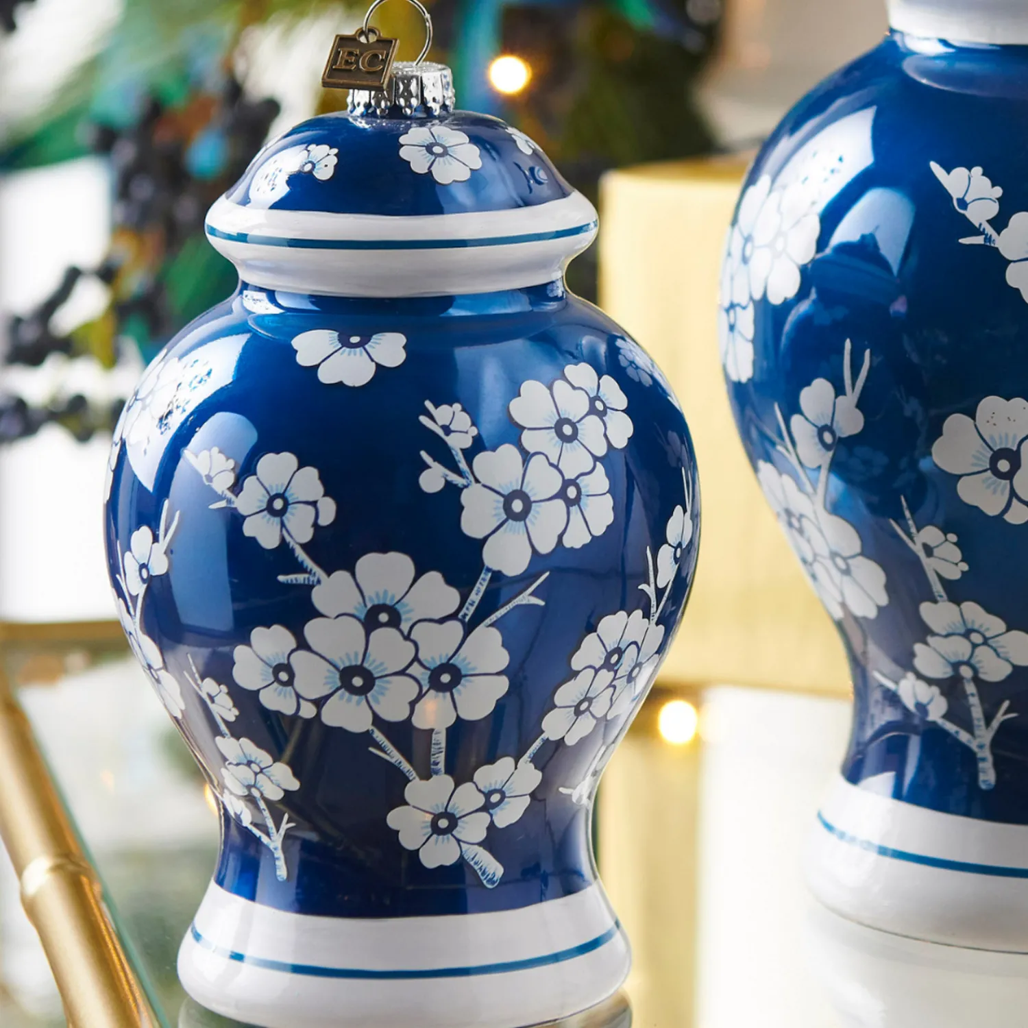 Outlet The Jolly Christmas Shop Raz Eric Cortina 8" Large Blue Ginger Jar Glass Christmas 4453181