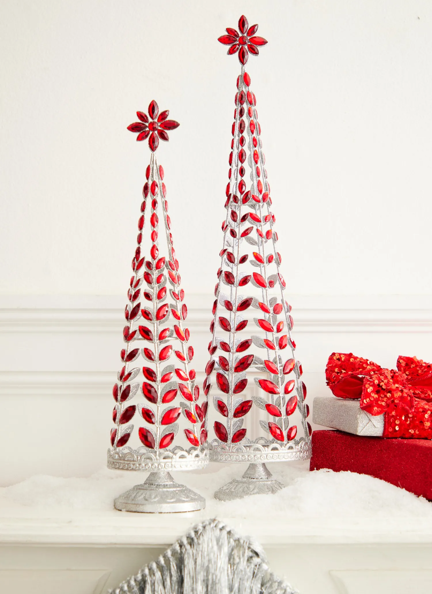 Clearance The Jolly Christmas Shop Raz Red Jeweled Tree With Silver Glitter Set Of 2 4313507