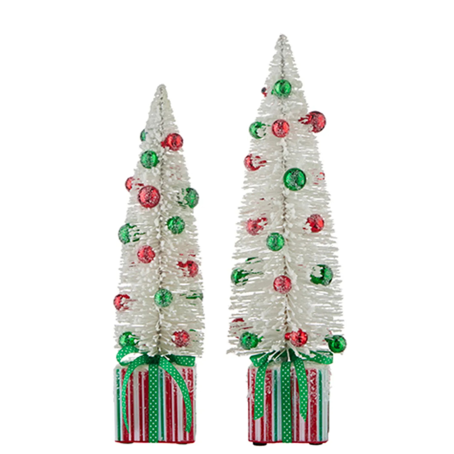 New The Jolly Christmas Shop Raz Set Of 2 18" Bottle Brush Tree With Ornaments On Present Pedestal Christmas Figures 4215545