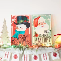Best The Jolly Christmas Shop Raz Set Of 2 28" Vintage Christmas Snowman And Santa Wood Wall Art Signs 4328035
