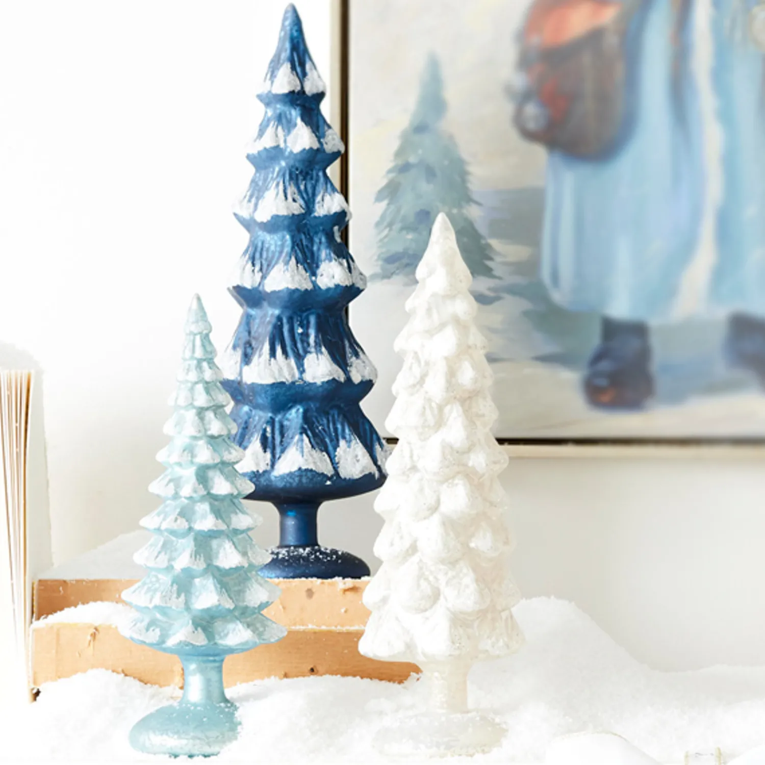 The Jolly Christmas Shop Raz Set Of 3 Blue And White Snowy Glass Christmas Trees 4222914