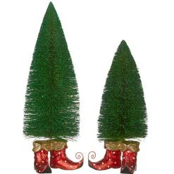 Clearance The Jolly Christmas Shop Raz Set Of 2 Green Glitter Bottle Brush Tree With Elf Shoes 4227111